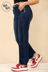 Petite Friendly Viral Stretchy Soft Dad Fit Raw Hem Jeans in Denim Blue