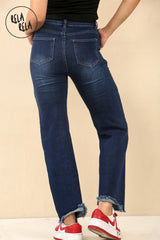 Petite Friendly Viral Stretchy Soft Dad Fit Raw Hem Jeans in Denim Blue