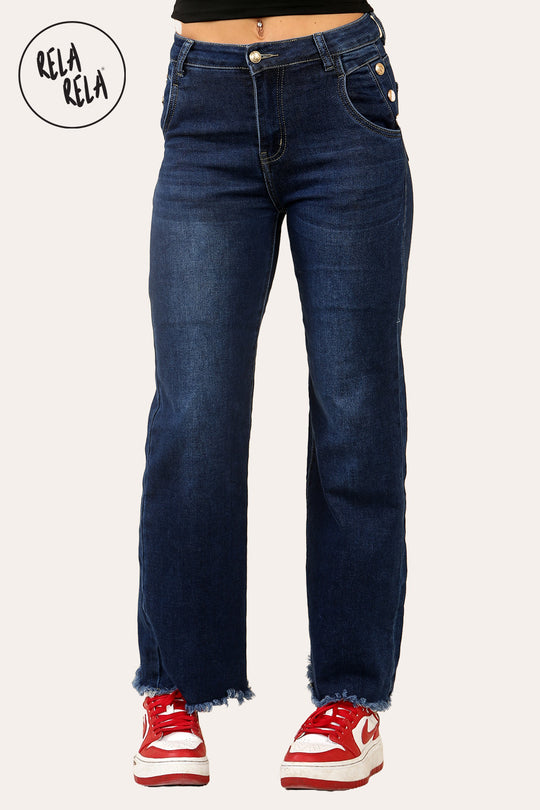 Petite Friendly Viral Stretchy Soft Dad Fit Raw Hem Jeans in Denim Blue