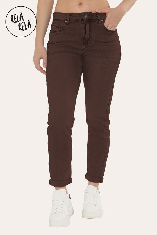 Ankle Length Stretchy Slim Fit Cropped Jeans in Chocolate