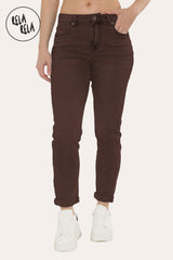 Front View of Ankle Length Stretchy Slim Fit Cropped Jeans in Chocolate