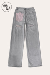Flat lay of the Grey stretchy rhinestone pocket jeans, showcasing the shimmering diamante details on the back pockets and premium washed charcoal denim texture