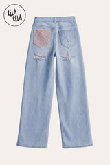 Flat lay of the Light Blue stretchy rhinestone pocket jeans, showcasing the shimmering diamante details on the back pockets and premium summer-wash denim texture.