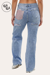 Rear view of the Blue jeans showcasing the signature Diamante crystal back pockets and the body-sculpting stretch effect.