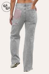 Rear view of the Grey jeans showcasing the signature Diamante crystal back pockets and the body-sculpting stretch effect on the waist and hips.