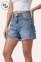 Front view of a model wearing the Light Blue Pink Rhinestone Shorts, showcasing the distressed rips with sparkling pink gemstone underlays.