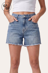 Front view of a model wearing the Light Blue Pink Rhinestone Shorts, showcasing the distressed rips with sparkling pink gemstone underlays.