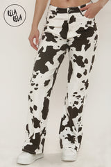 Cow Print Multi Coloured Viral Stretchy Mid-Waist Dad Fit Wide Leg Jeans