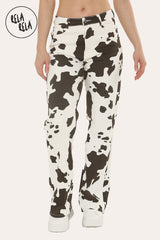 Cow Print Multi Coloured Viral Stretchy Mid-Waist Dad Fit Wide Leg Jeans