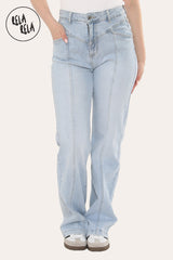 Front view of light blue tummy control high waist jeans with seam detail