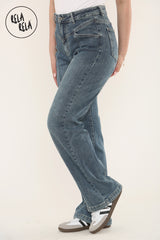 Side view of tummy control high rise jeans showing stylish seamed detail