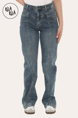 Front view of denim blue tummy control high waist jeans with seam detail