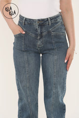 Close-up of seam detail jeans highlighting stitched design and tummy control fit