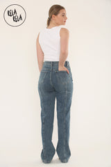 Back view of high waist jeans with tummy control in classic denim blue