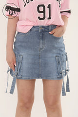Flap Pocket Cargo Style Denim Skirt With Tassel Detail