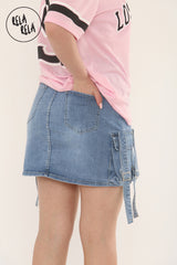 Flap Pocket Cargo Style Denim Skirt With Tassel Detail