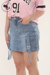 Flap Pocket Cargo Style Denim Skirt With Tassel Detail