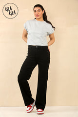 Model wearing stretchy high rise wide leg jeans in black