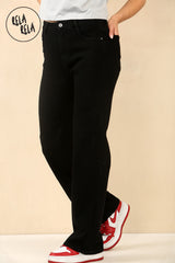 Side view of stretchy straight leg jeans with soft fit and flattering high rise in black