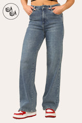 Soft stretchy wide leg jeans in denim blue — high waisted fit for women