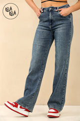 Super stretchy straight leg jeans for women in denim blue — high waisted fit