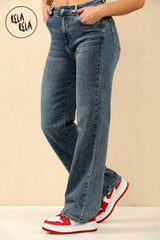 Side view of stretchy blue jeans with soft fit and flattering high waist in denim blue