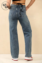 Back view of high waisted stretchy jeans for women in denim blue