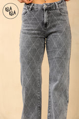 Grey Stretchy Diamond Distressed Wide Leg Jeans in Grey