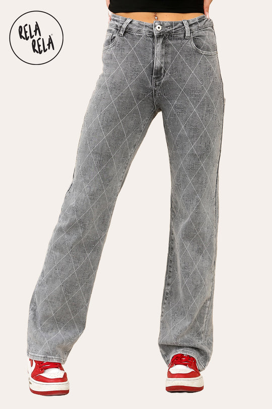 Grey Stretchy Diamond Distressed Wide Leg Jeans in Grey