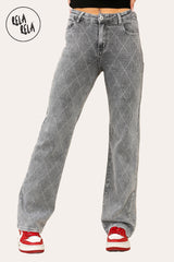 Grey Stretchy Diamond Distressed Wide Leg Jeans in Grey