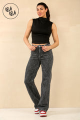 Grey Stretchy Diamond Distressed Wide Leg Jeans in Charcoal