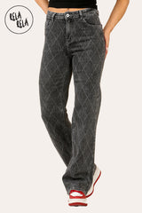 Grey Stretchy Diamond Distressed Wide Leg Jeans in Charcoal