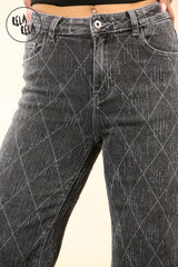 Grey Stretchy Diamond Distressed Wide Leg Jeans in Charcoal