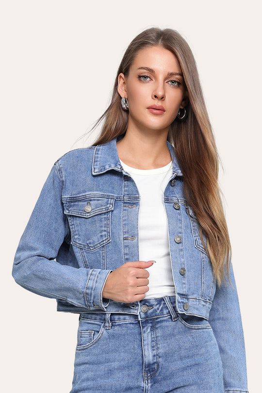 Stretchy Cropped Everyday Casual Denim Jacket in Blue