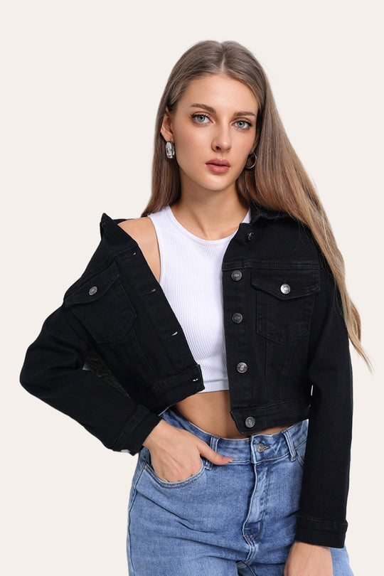 Stretchy Cropped Everyday Casual Denim Jacket in Black