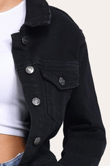 Stretchy Cropped Everyday Casual Denim Jacket in Black