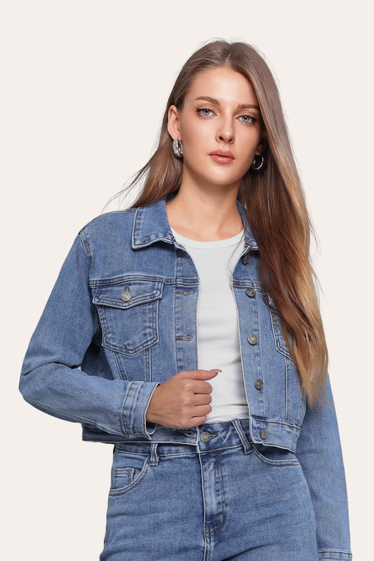 Stretchy Cropped Everyday Casual Denim Jacket in Denim Blue