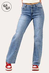 Denim Blue Stretchy Embellished Wide Leg Jeans