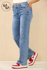 Denim Blue Stretchy Embellished Wide Leg Jeans