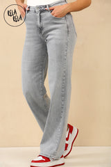 Side view of stretchy straight leg jeans with soft fit and flattering high rise in grey