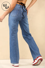 Back view of high waisted stretchy jeans for women in indigo blue