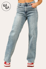 Soft stretchy wide leg jeans in vintage blue — high rise fit for women