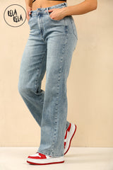 Side view of stretchy straight leg jeans with soft fit and flattering high rise in denim blue
