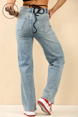 Back view of high rise stretchy jeans for women in vintage blue