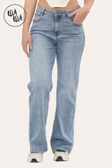 Soft stretchy wide leg jeans in mid blue — high rise fit for women