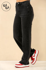 Side view of stretchy straight leg jeans with soft fit and flattering high rise in charcoal