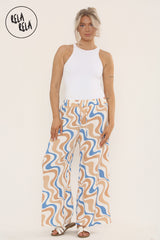 Printed Palazzo Trousers Plisse Baggy Flared Wide Leg Full Length Trousers in Beige