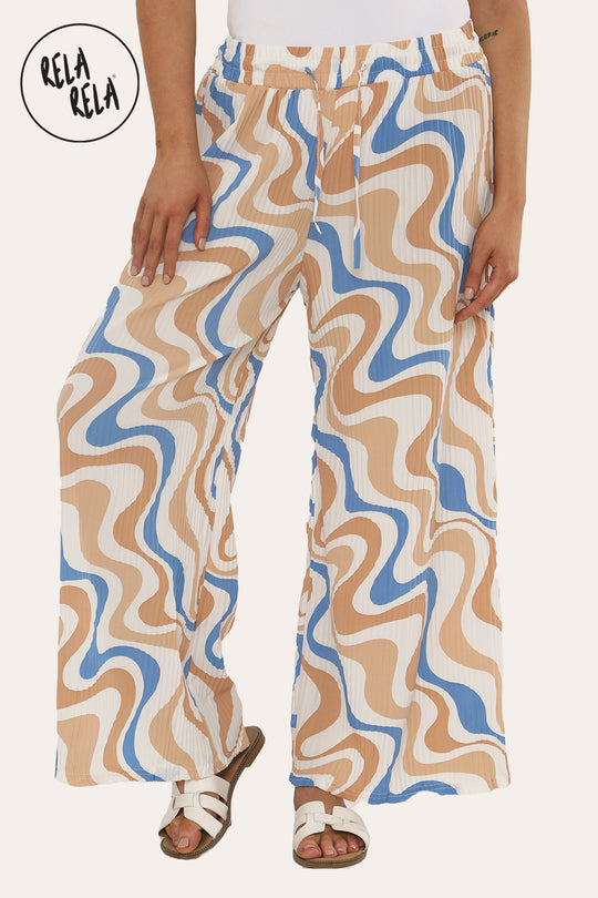 Printed Palazzo Trousers Plisse Baggy Flared Wide Leg Full Length Trousers in Beige