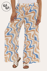 Printed Palazzo Trousers Plisse Baggy Flared Wide Leg Full Length Trousers in Beige