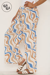 Printed Palazzo Trousers Plisse Baggy Flared Wide Leg Full Length Trousers in Beige